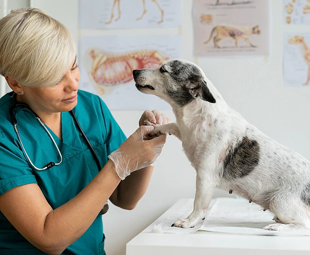 nærbilde av en veterinær og eldre hund som undersøker poten